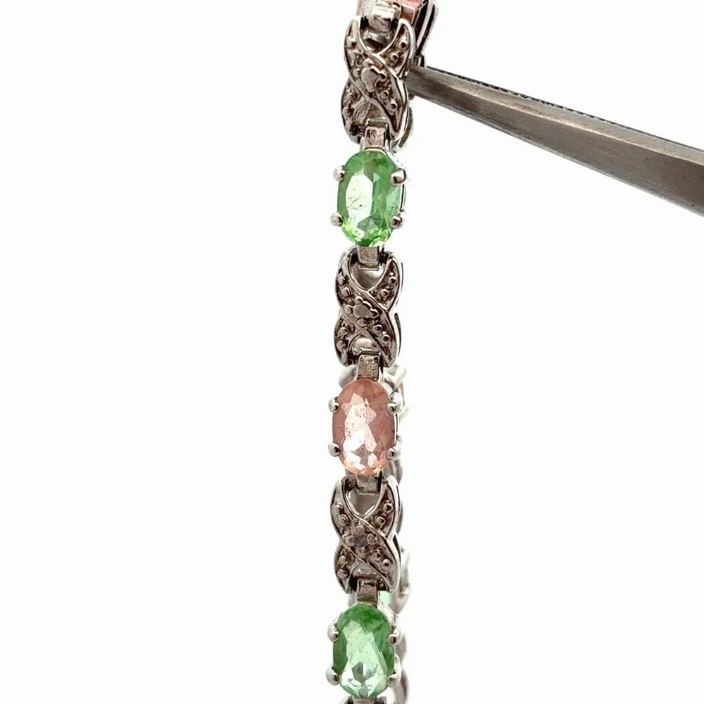 Designer Sterling Silver Pink & Green Cubic Zirconia Chain Link Tennis Bracelet